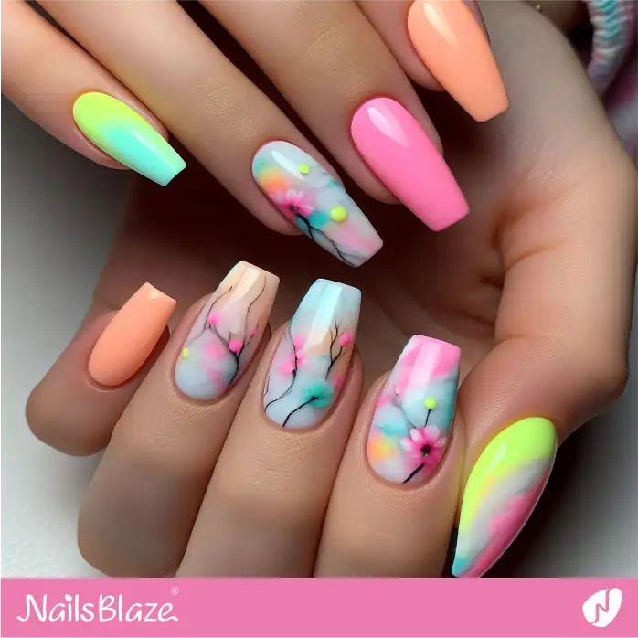 Floral Pastel Neon Watercolor Nails | Paint Nail Art - NB2253